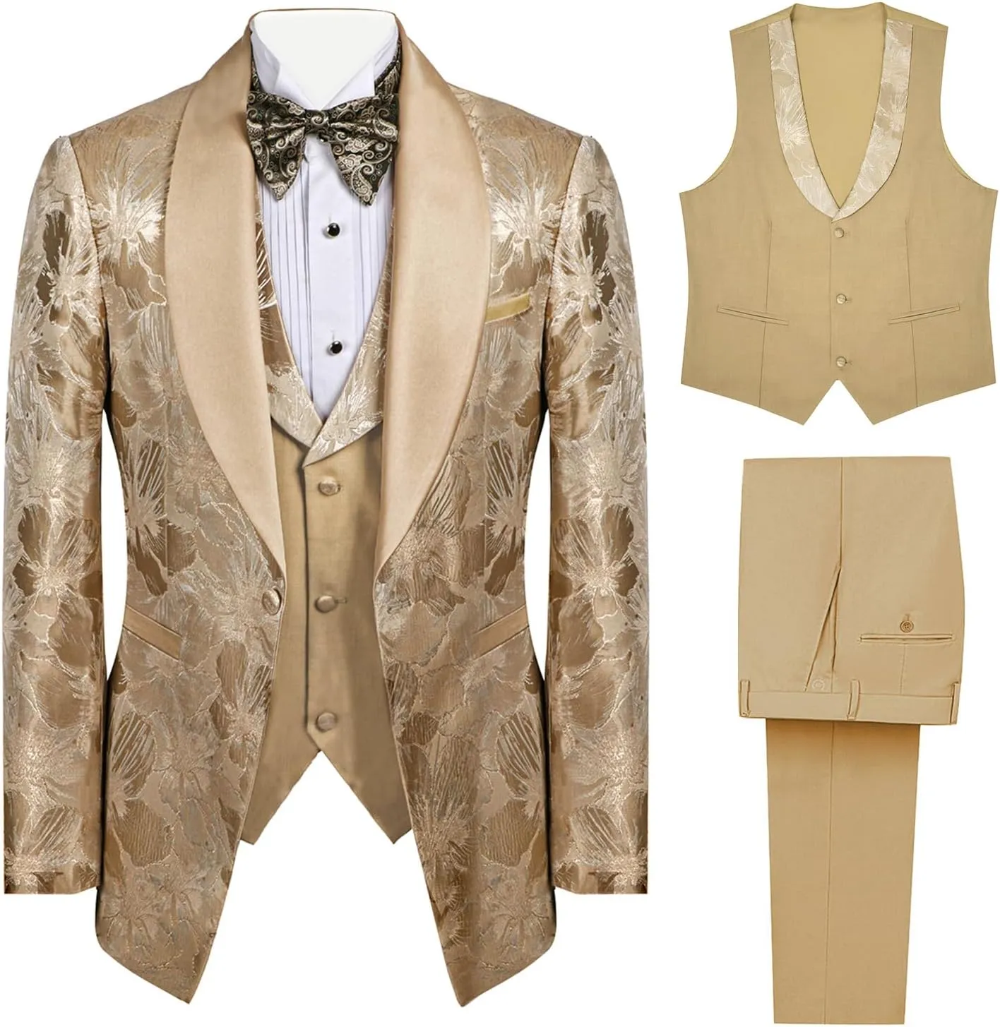 3 Pieces Men's Tuxedo Paisley Groom Wedding Blazer Jacket Vest Pants Sets Floral Formal Suits for Party,Dinner,Prom