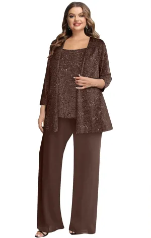 3 Pieces Mother of The Bride Pant Suits for Wedding Chiffon Sequin Pants Suits for Women Dressy with Jacket