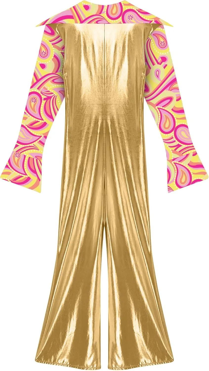 70s Disco Outfit for Men Lapel V Neck Flare Long Sleeve Jumpsuit Rock Jazz Music Party