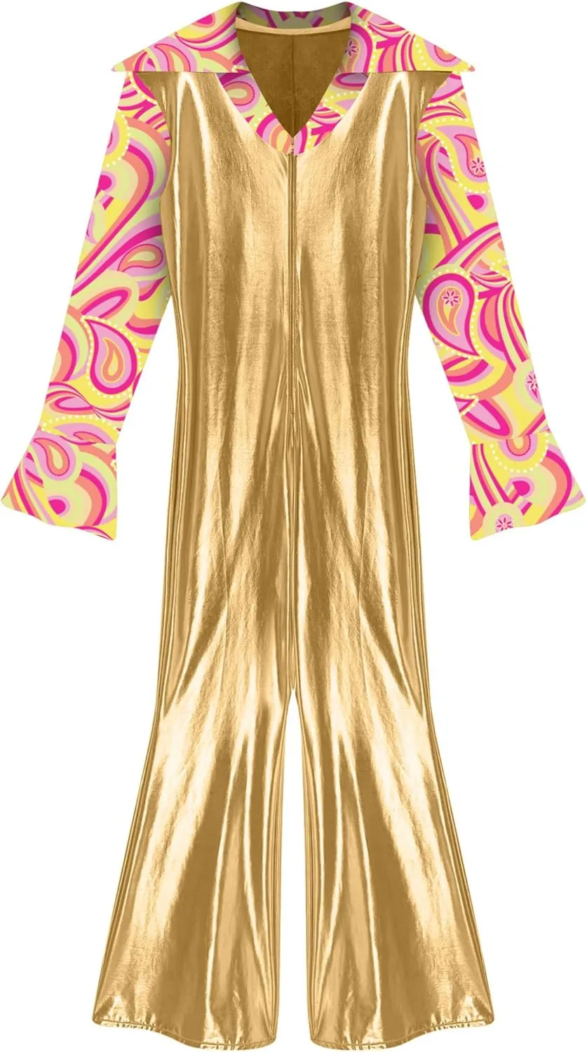 70s Disco Outfit for Men Lapel V Neck Flare Long Sleeve Jumpsuit Rock Jazz Music Party