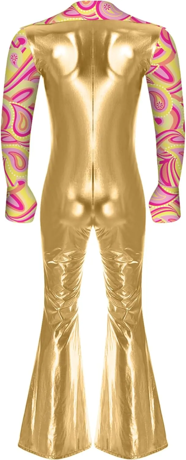 70s Disco Outfit for Men Lapel V Neck Flare Long Sleeve Jumpsuit Rock Jazz Music Party