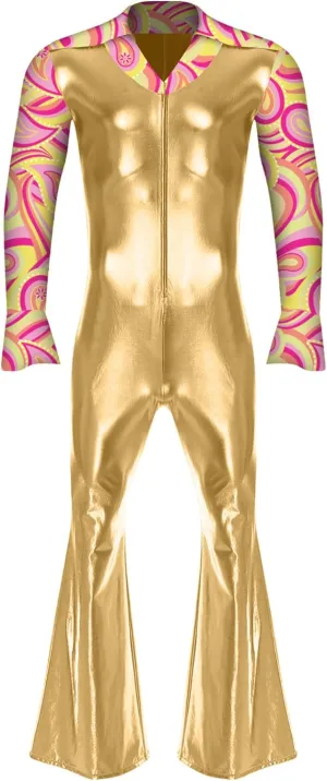 70s Disco Outfit for Men Lapel V Neck Flare Long Sleeve Jumpsuit Rock Jazz Music Party