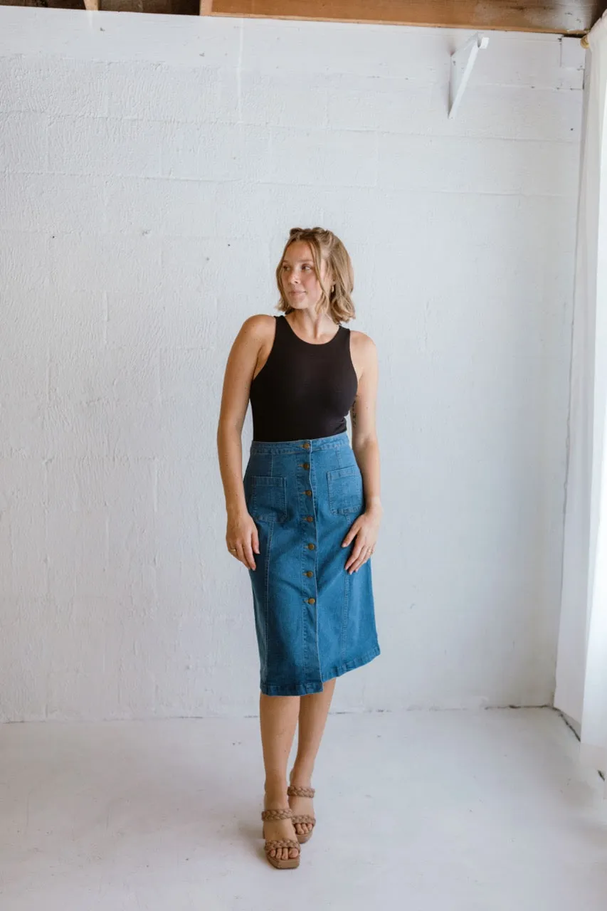A-line Button Down Denim Skirt