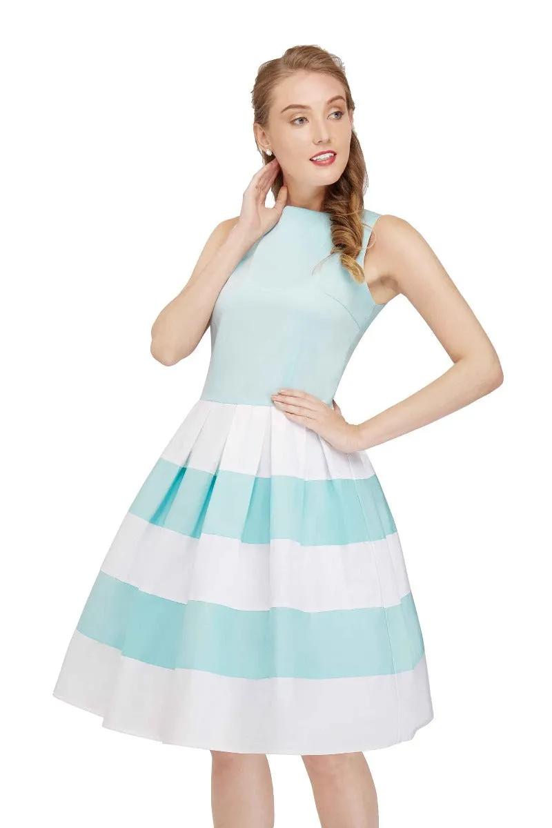 Anna Stripe Retro Rockabilly Swing Dress in Pale-Blue and White