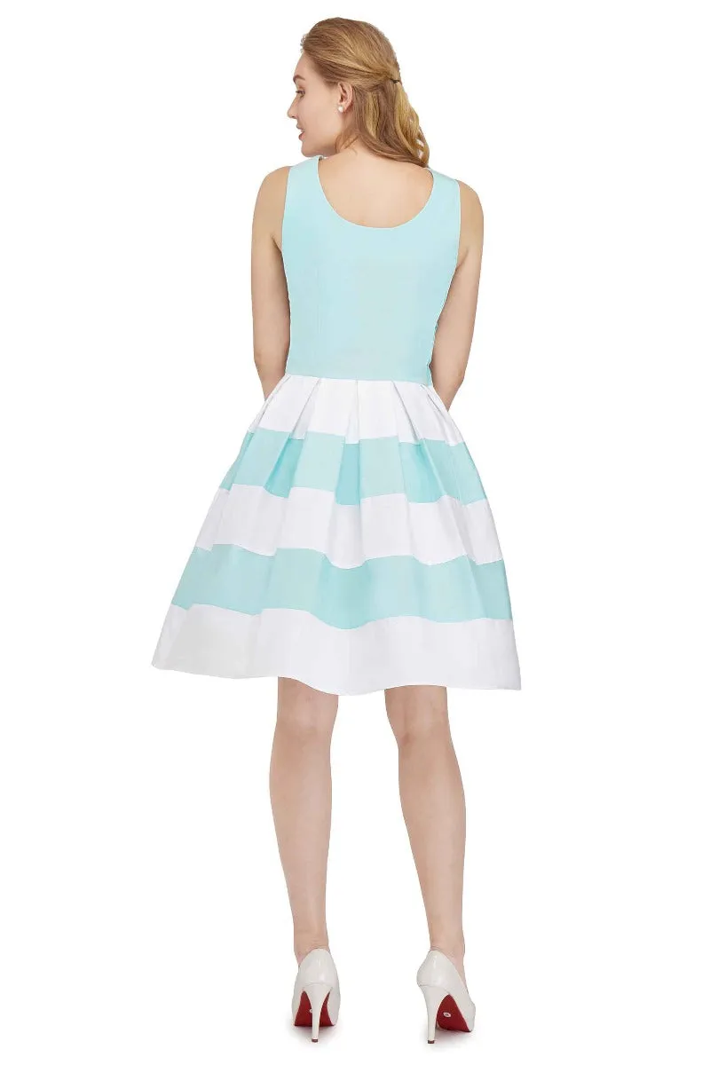 Anna Stripe Retro Rockabilly Swing Dress in Pale-Blue and White