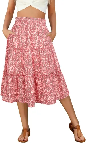 Berydress Midi Skirt for Women with Pockets 2025 High Waist A Line Casual Summer Boho Flowy Tiered Ruffle Beach Skirts