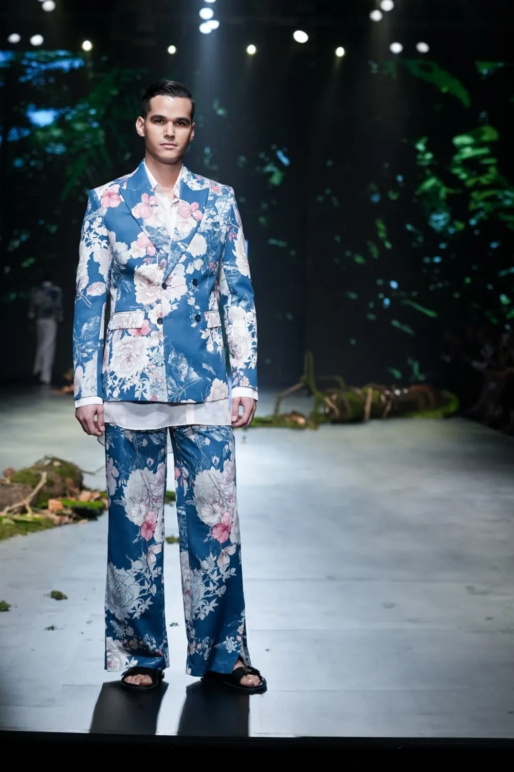 Blue Printed & Embroidered Jacket Set