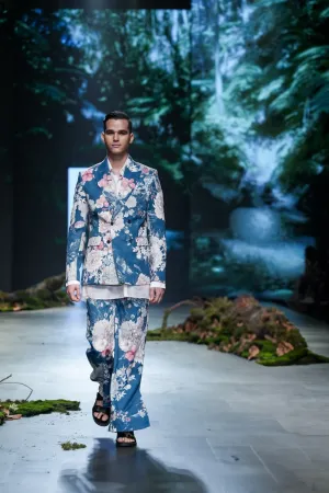 Blue Printed & Embroidered Jacket Set