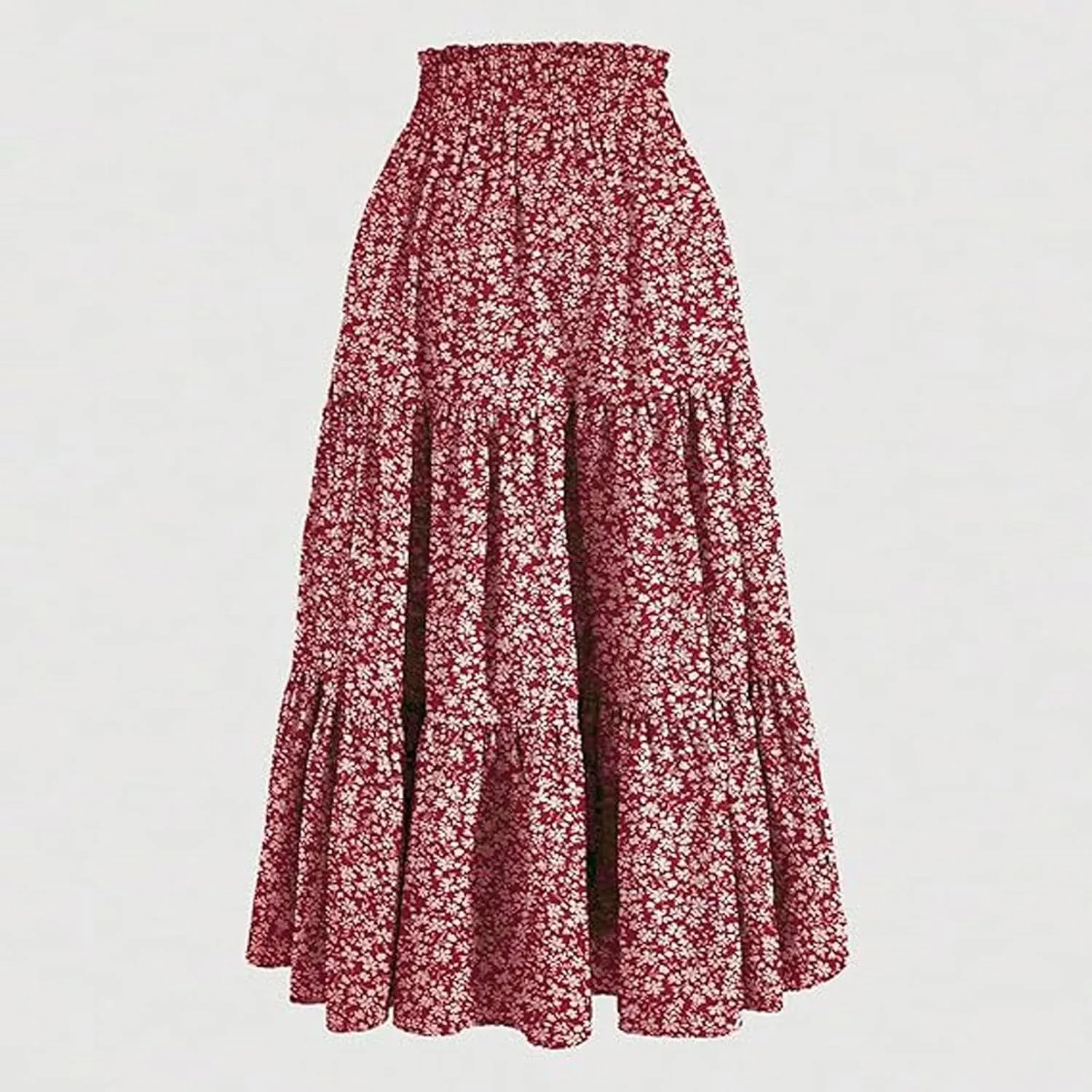 Boho Floral Maxi Skirt for Women Summer Elastic High Waisted Skirts Vacation A-Line Tiered Flowy Swing Long Skirts