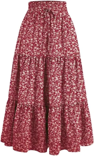 Boho Floral Maxi Skirt for Women Summer Elastic High Waisted Skirts Vacation A-Line Tiered Flowy Swing Long Skirts
