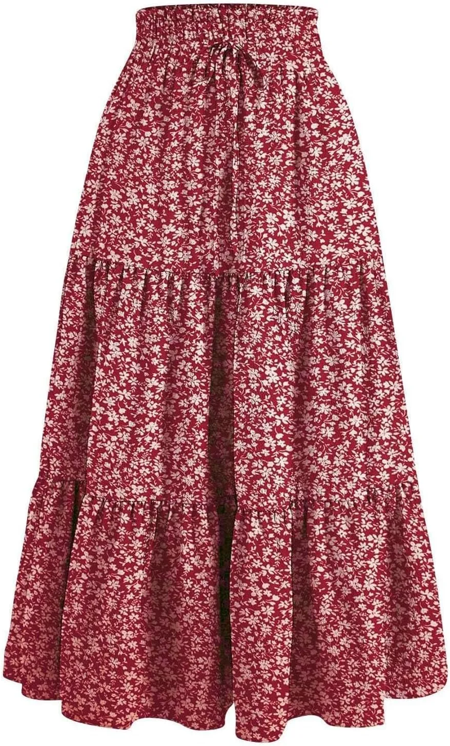 Boho Floral Maxi Skirt for Women Summer Elastic High Waisted Skirts Vacation A-Line Tiered Flowy Swing Long Skirts