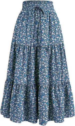 Boho Floral Maxi Skirt for Women Summer Elastic High Waisted Skirts Vacation A-Line Tiered Flowy Swing Long Skirts