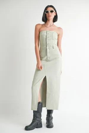 Button Up Tube Top Denim Midi Dress with Slit