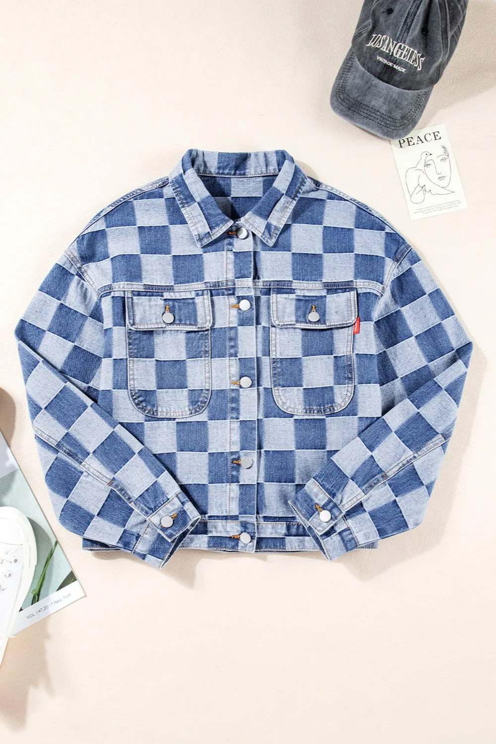Checkered Button Up Long Sleeve Denium Jacket