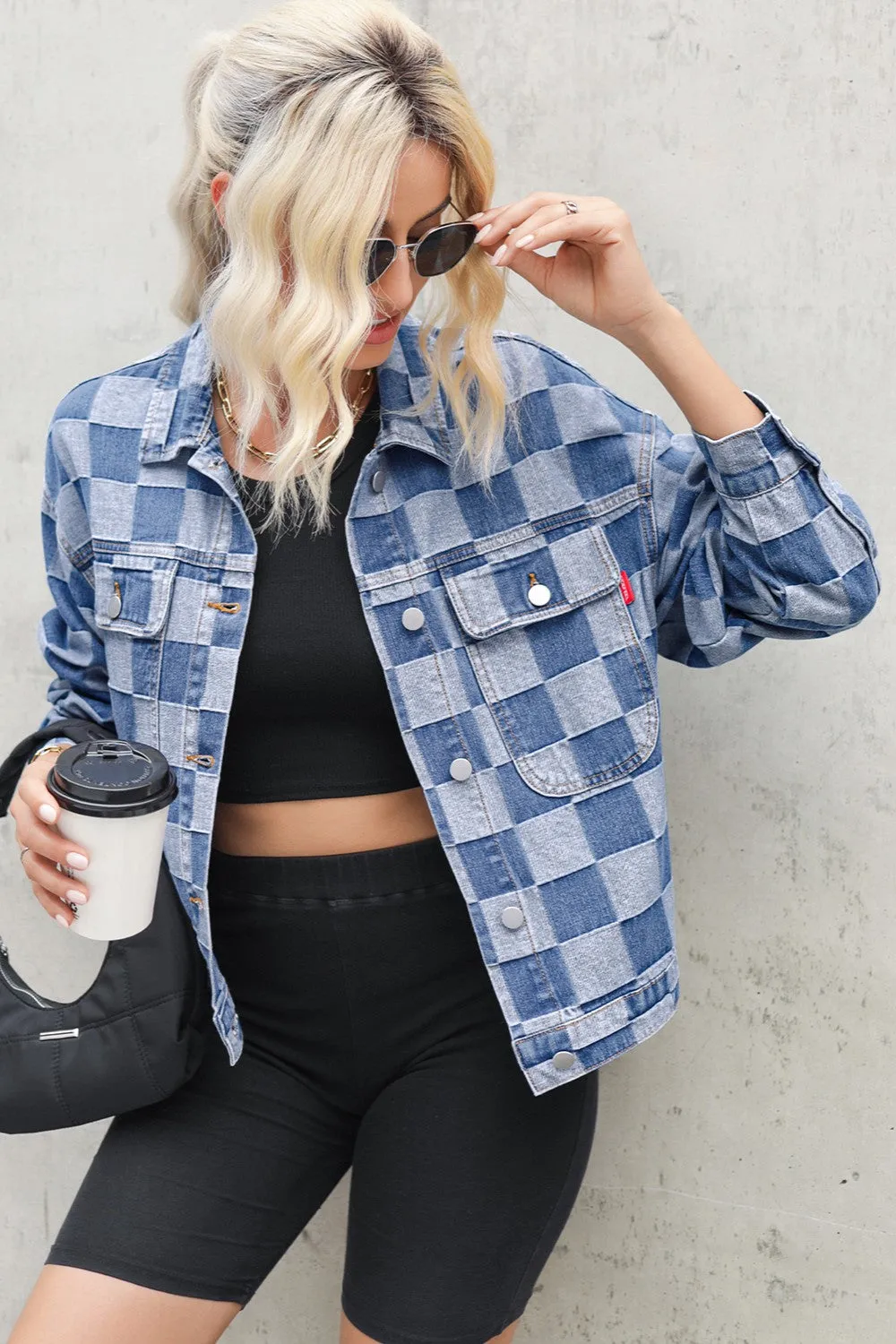 Checkered Button Up Long Sleeve Denium Jacket