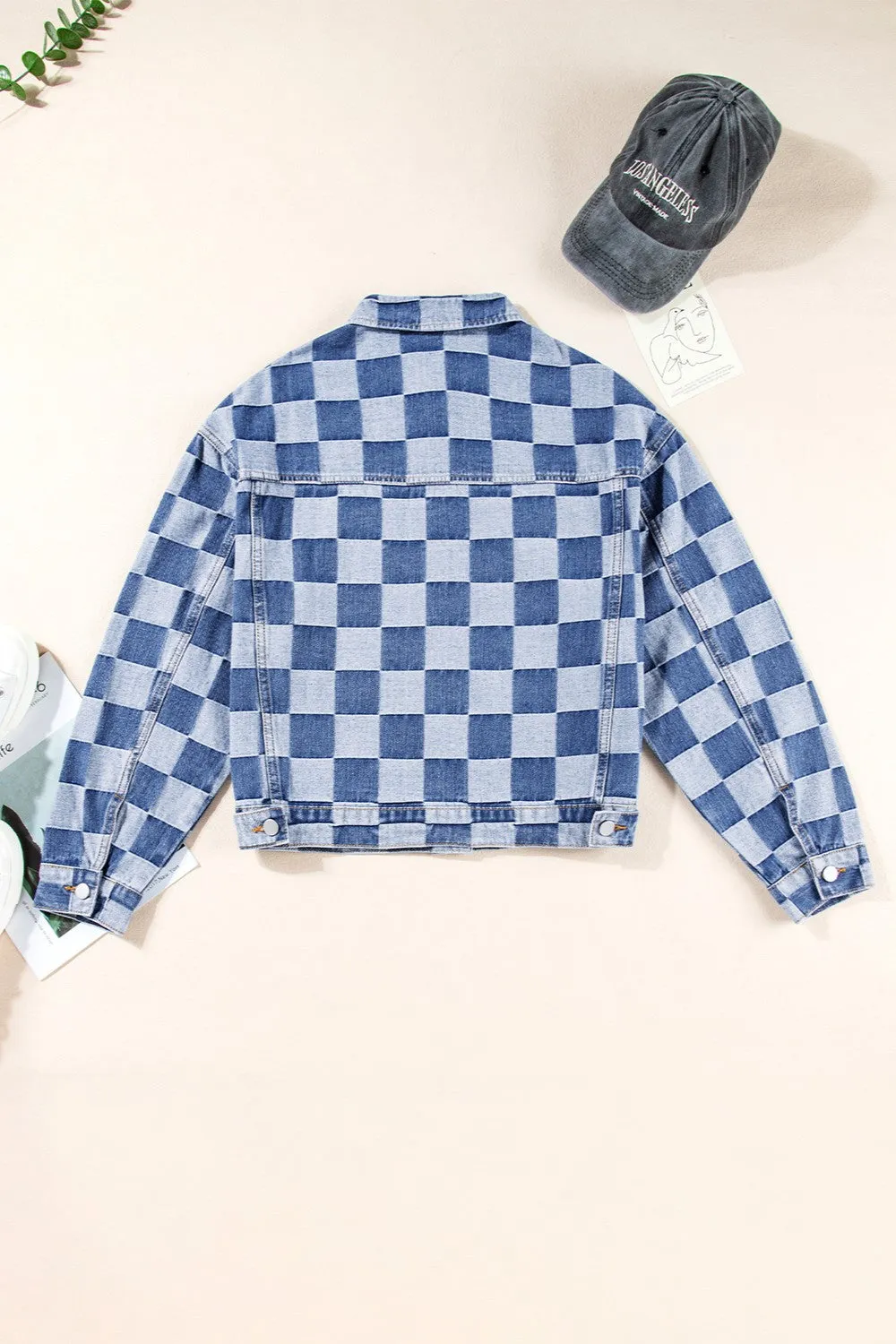 Checkered Button Up Long Sleeve Denium Jacket