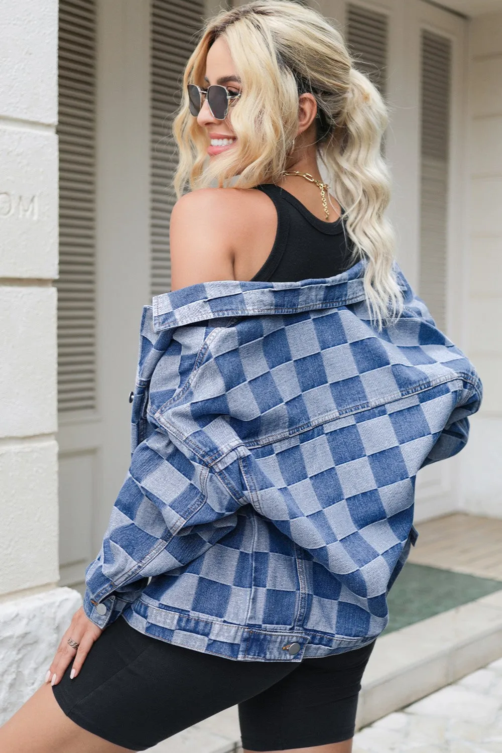 Checkered Button Up Long Sleeve Denium Jacket