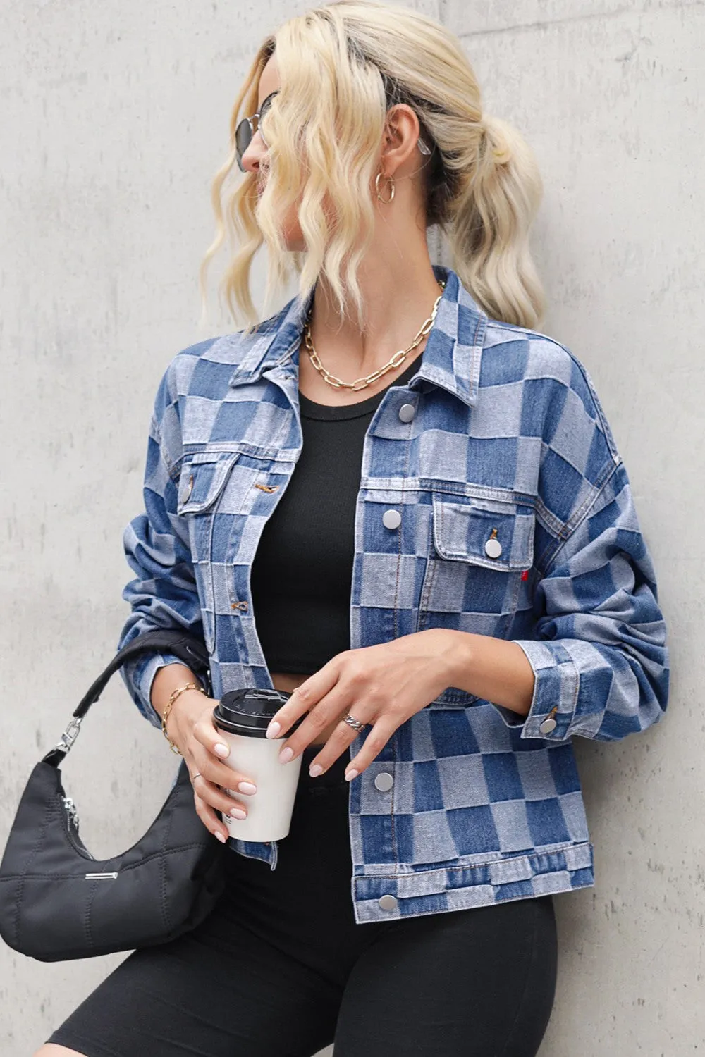 Checkered Button Up Long Sleeve Denium Jacket