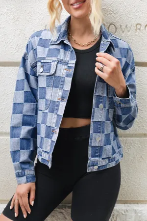 Checkered Button Up Long Sleeve Denium Jacket