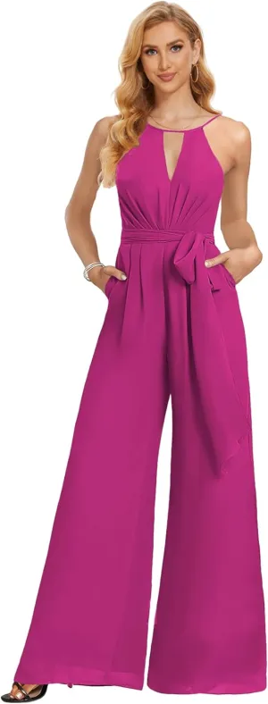 Chiffon Bridesmaid Jumpsuits for Wedding Halter Formal Dress with Pockets Wide Leg Long Pants