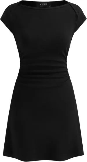 CIDER Summer Mini Dress Bodycon Ruched Boat Neck Short Sleeve Party Casual Going Out Mini Dress Middle Waist