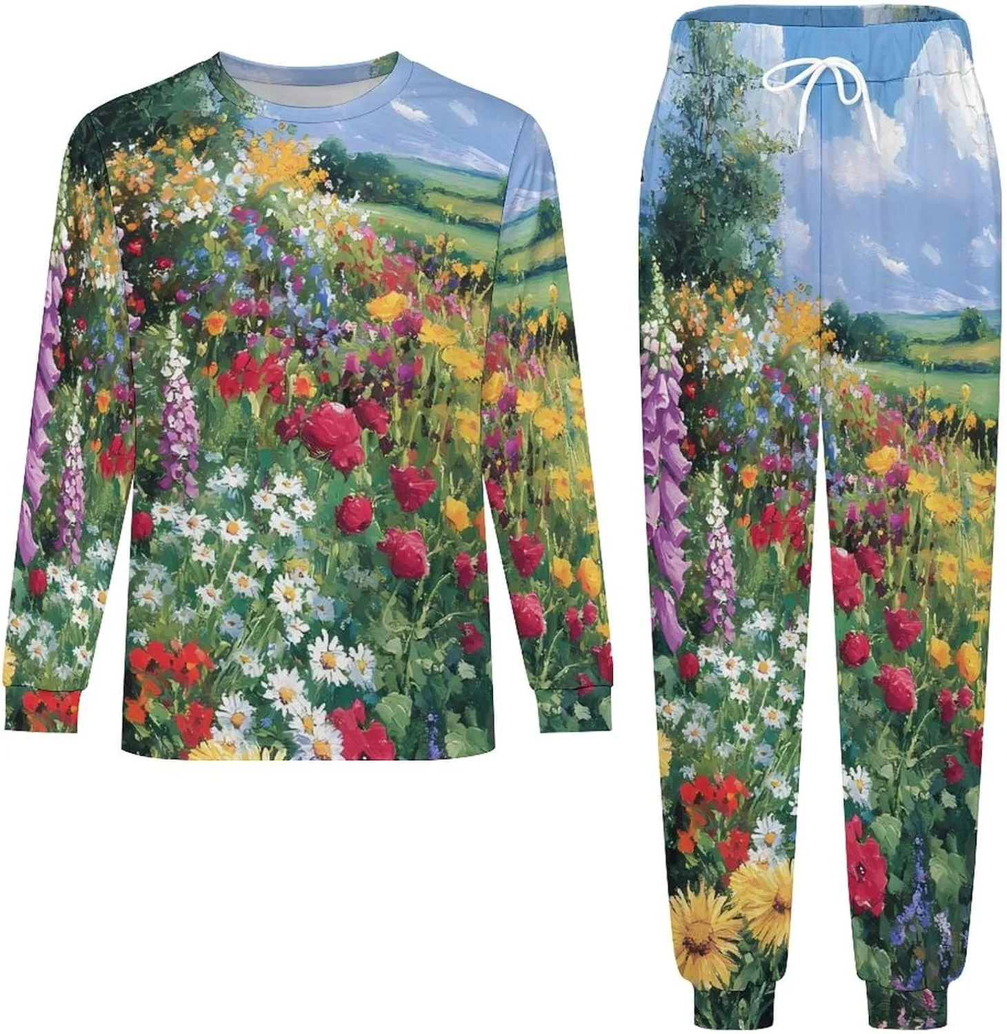 Colorful Flowers Farmhouse Soft Mens Pajamas Set Round Neck Pullover Long Sleeve And Pants Loungewear 2 Piece Pjs Set