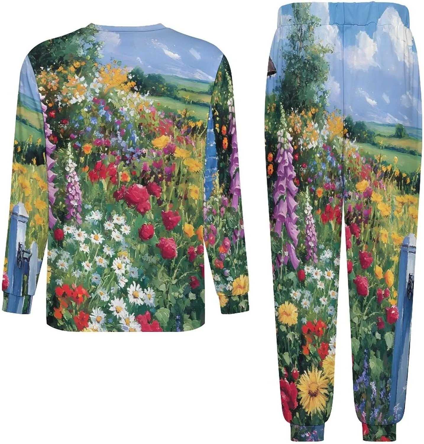 Colorful Flowers Farmhouse Soft Mens Pajamas Set Round Neck Pullover Long Sleeve And Pants Loungewear 2 Piece Pjs Set