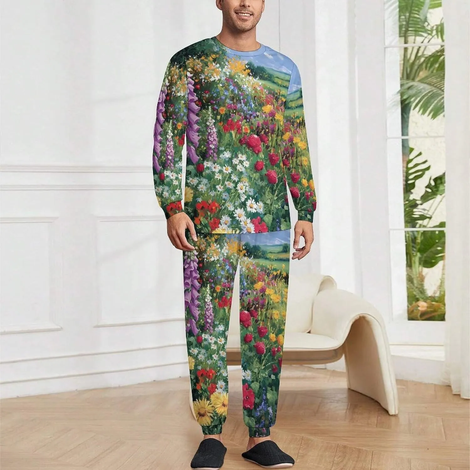 Colorful Flowers Farmhouse Soft Mens Pajamas Set Round Neck Pullover Long Sleeve And Pants Loungewear 2 Piece Pjs Set