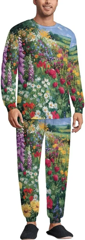 Colorful Flowers Farmhouse Soft Mens Pajamas Set Round Neck Pullover Long Sleeve And Pants Loungewear 2 Piece Pjs Set
