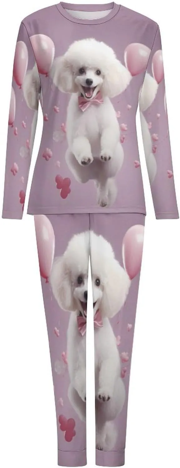 Cute Poodle Women's Pajama Set Long Sleeve Pj Sets Casual Two Piece Loungewear Soft Sleepwear