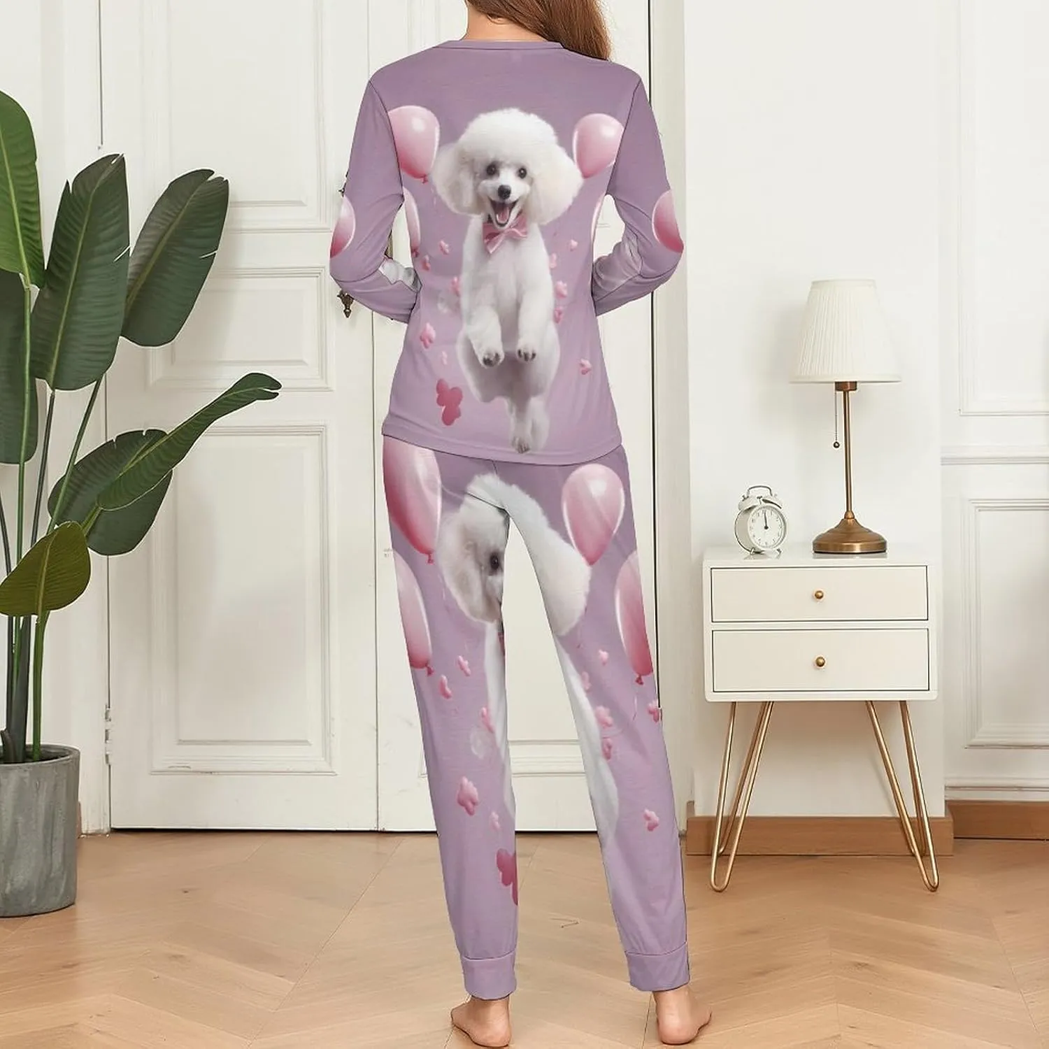 Cute Poodle Women's Pajama Set Long Sleeve Pj Sets Casual Two Piece Loungewear Soft Sleepwear