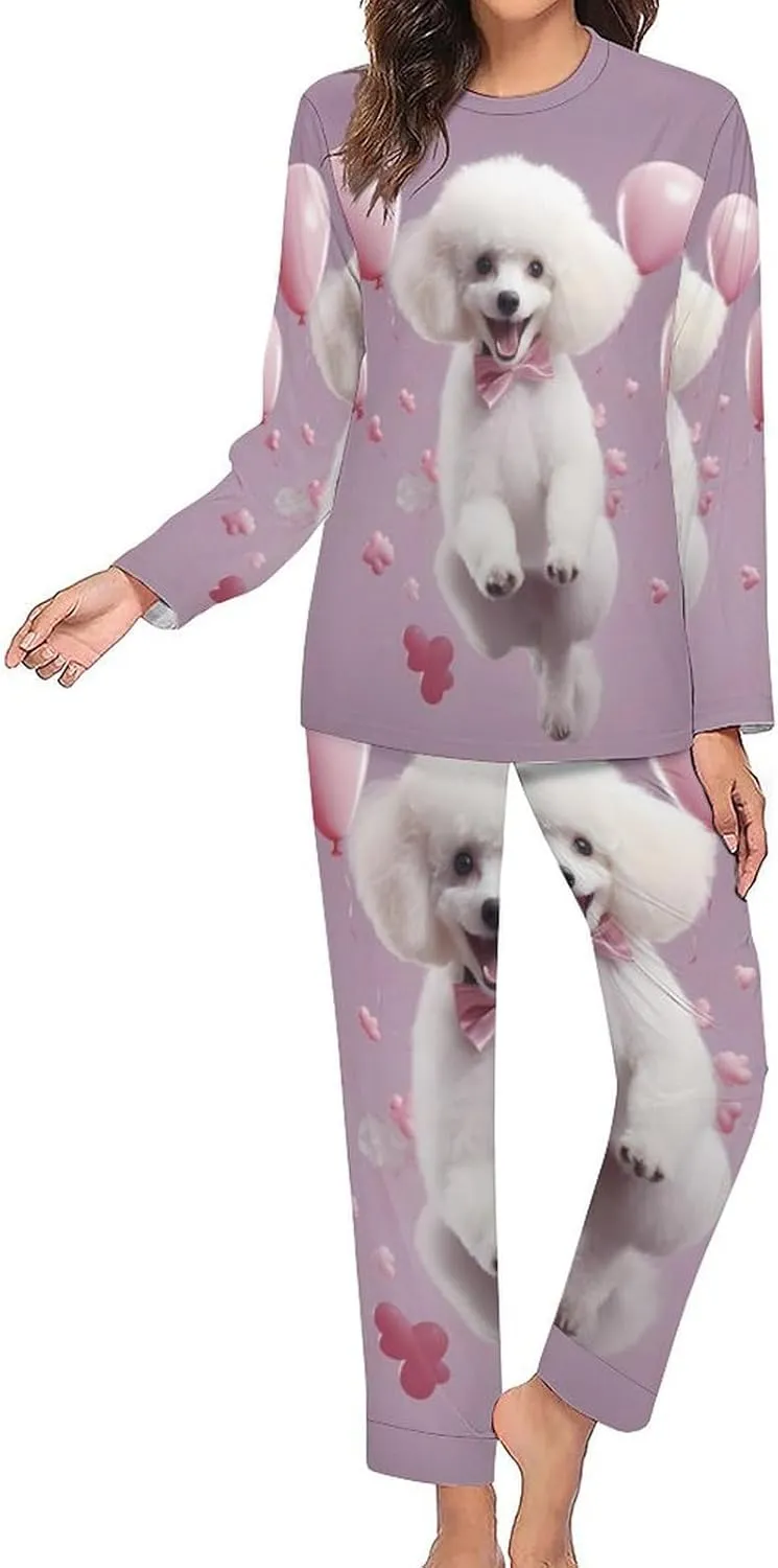 Cute Poodle Women's Pajama Set Long Sleeve Pj Sets Casual Two Piece Loungewear Soft Sleepwear