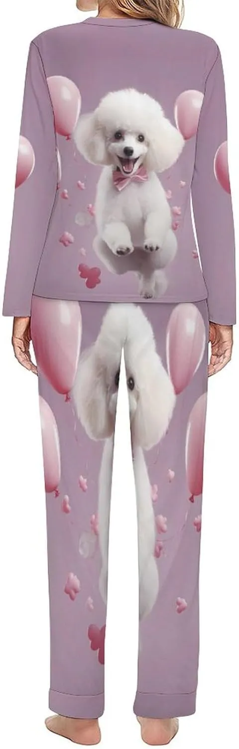 Cute Poodle Women's Pajama Set Long Sleeve Pj Sets Casual Two Piece Loungewear Soft Sleepwear