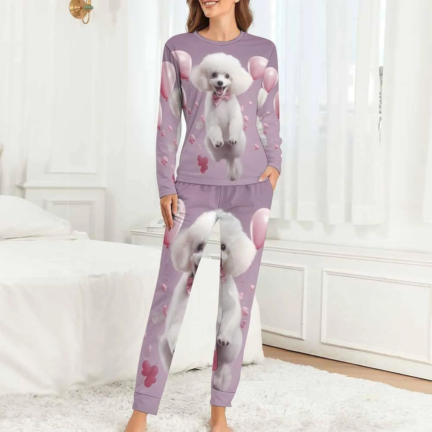 Cute Poodle Women's Pajama Set Long Sleeve Pj Sets Casual Two Piece Loungewear Soft Sleepwear