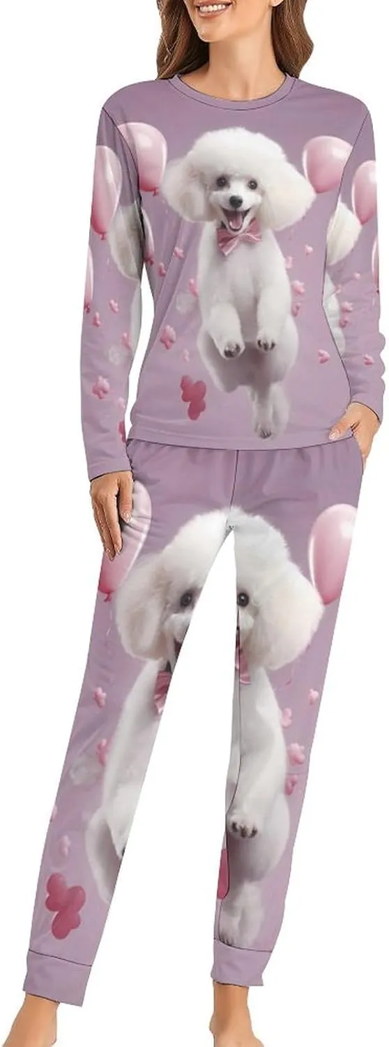 Cute Poodle Women's Pajama Set Long Sleeve Pj Sets Casual Two Piece Loungewear Soft Sleepwear