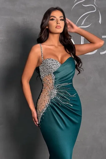 Dark Green Column Spaghetti Straps Beadings Sleeveless Prom Dresses with Ruffles