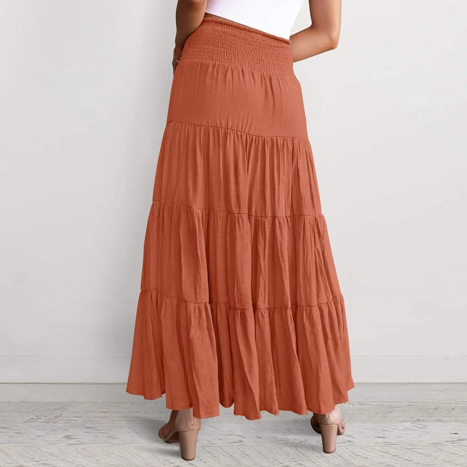 Denim Skirts Women's Summer Elastic High Waist Boho Maxi Skirt Casual Drawstring A Line Long Skirt High Skirt