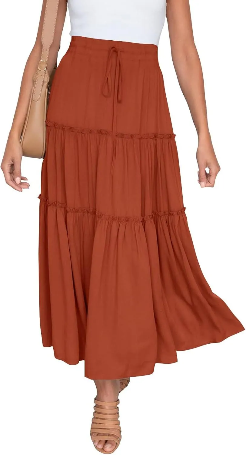 Denim Skirts Women's Summer Elastic High Waist Boho Maxi Skirt Casual Drawstring A Line Long Skirt High Skirt