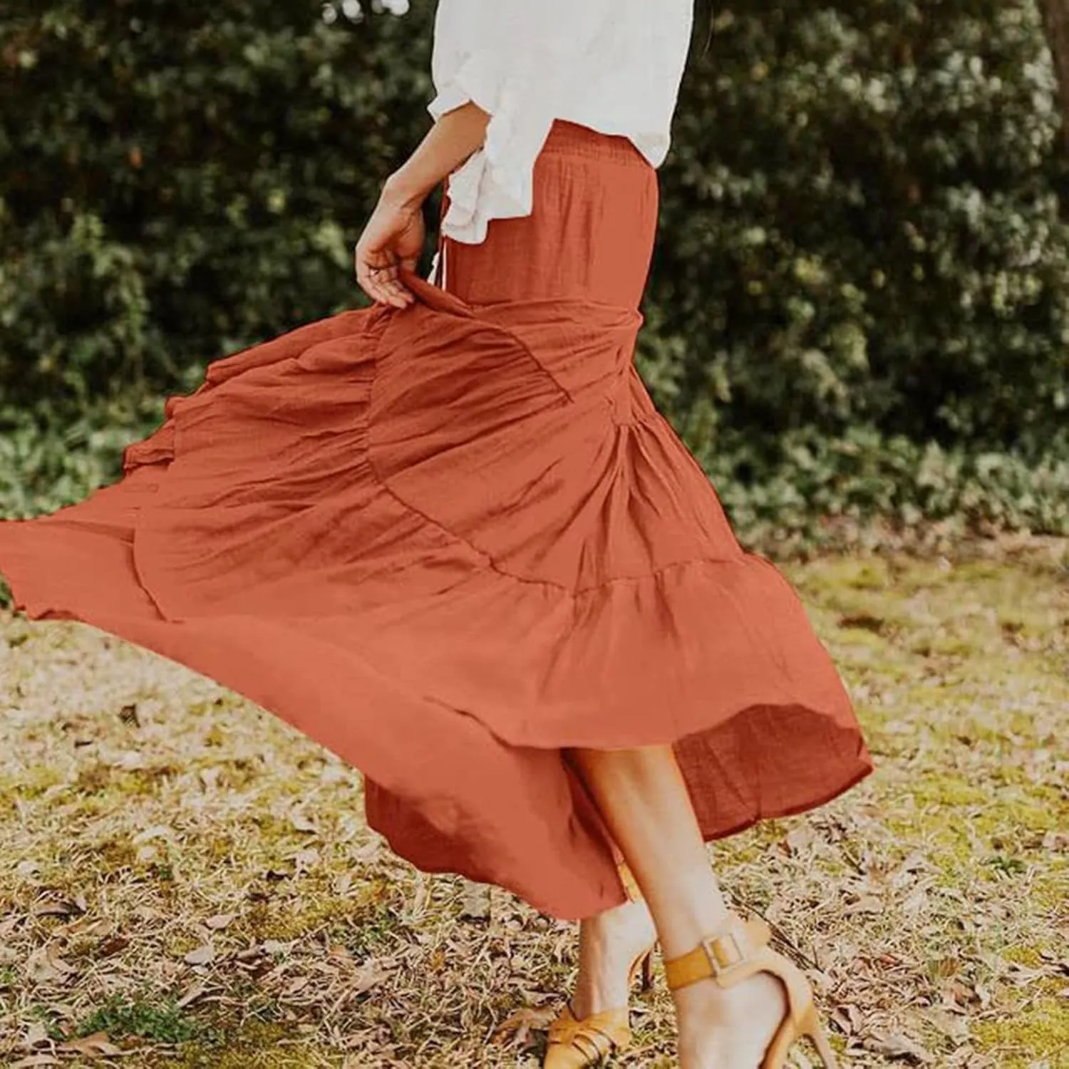 Denim Skirts Women's Summer Elastic High Waist Boho Maxi Skirt Casual Drawstring A Line Long Skirt High Skirt