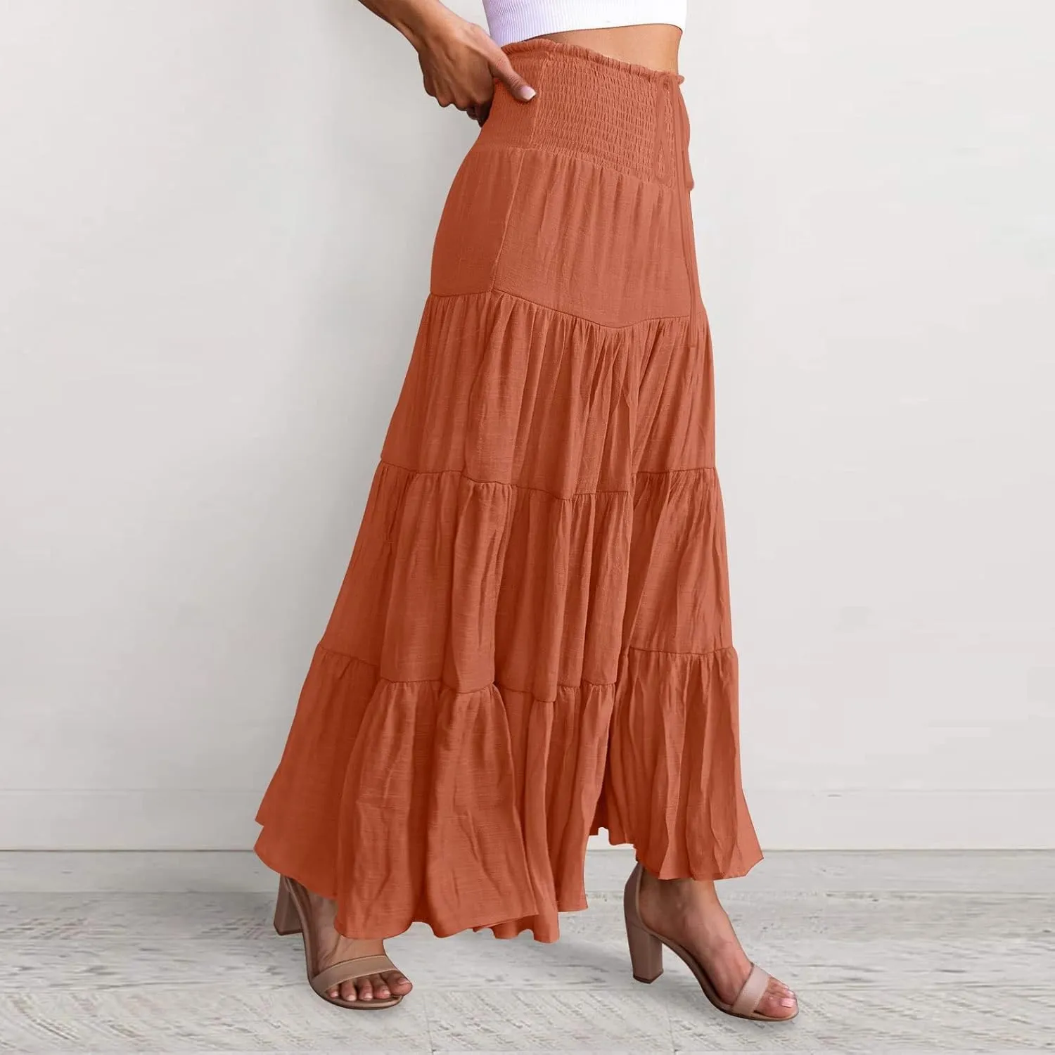 Denim Skirts Women's Summer Elastic High Waist Boho Maxi Skirt Casual Drawstring A Line Long Skirt High Skirt