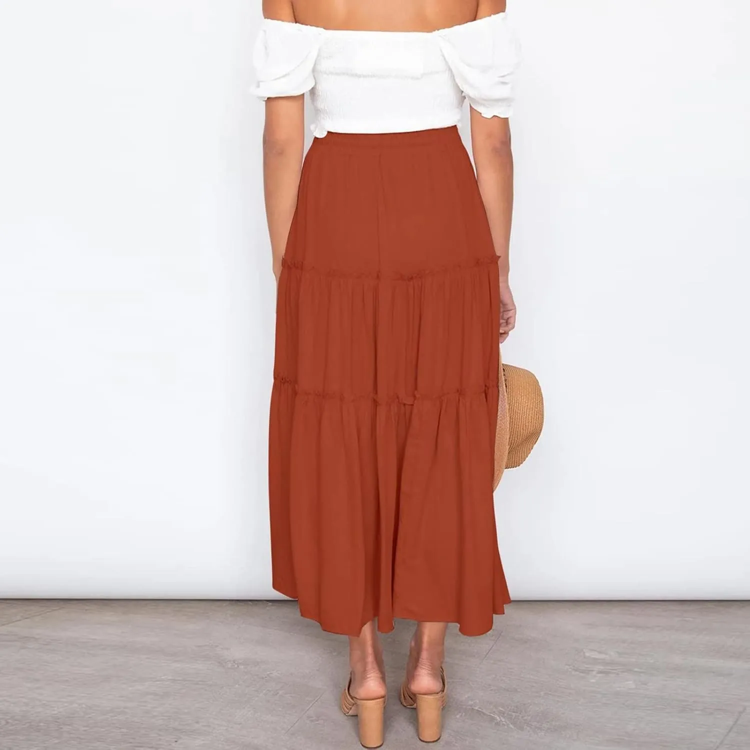 Denim Skirts Women's Summer Elastic High Waist Boho Maxi Skirt Casual Drawstring A Line Long Skirt High Skirt