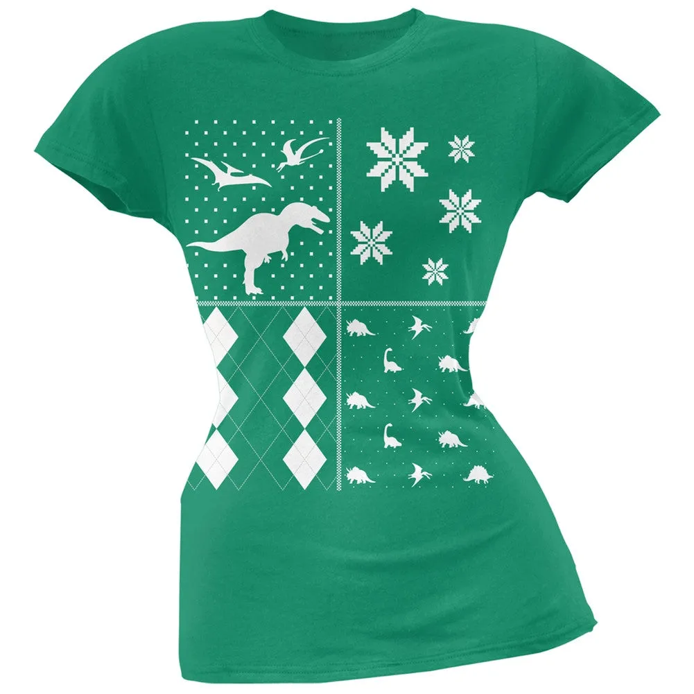 Dinosaurs Festive Blocks Ugly Christmas Sweater Black Soft Juniors T-Shirt