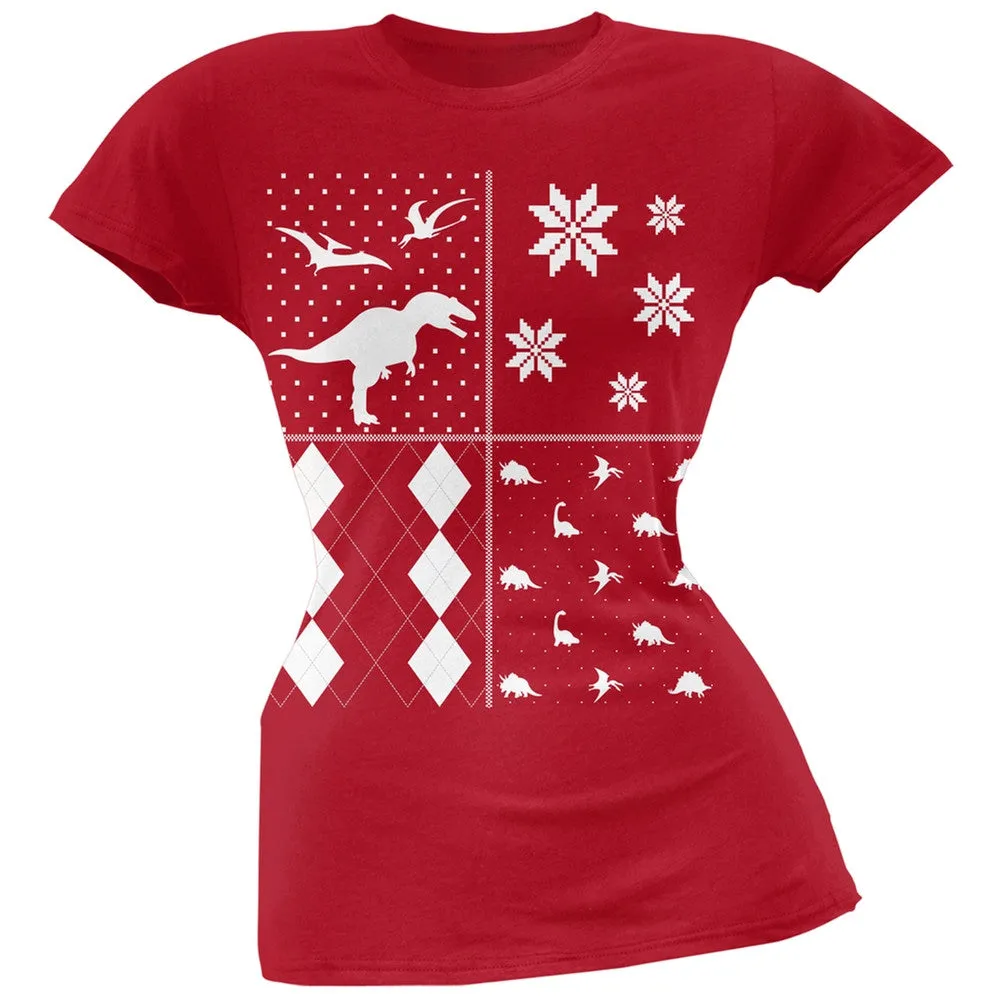 Dinosaurs Festive Blocks Ugly Christmas Sweater Black Soft Juniors T-Shirt