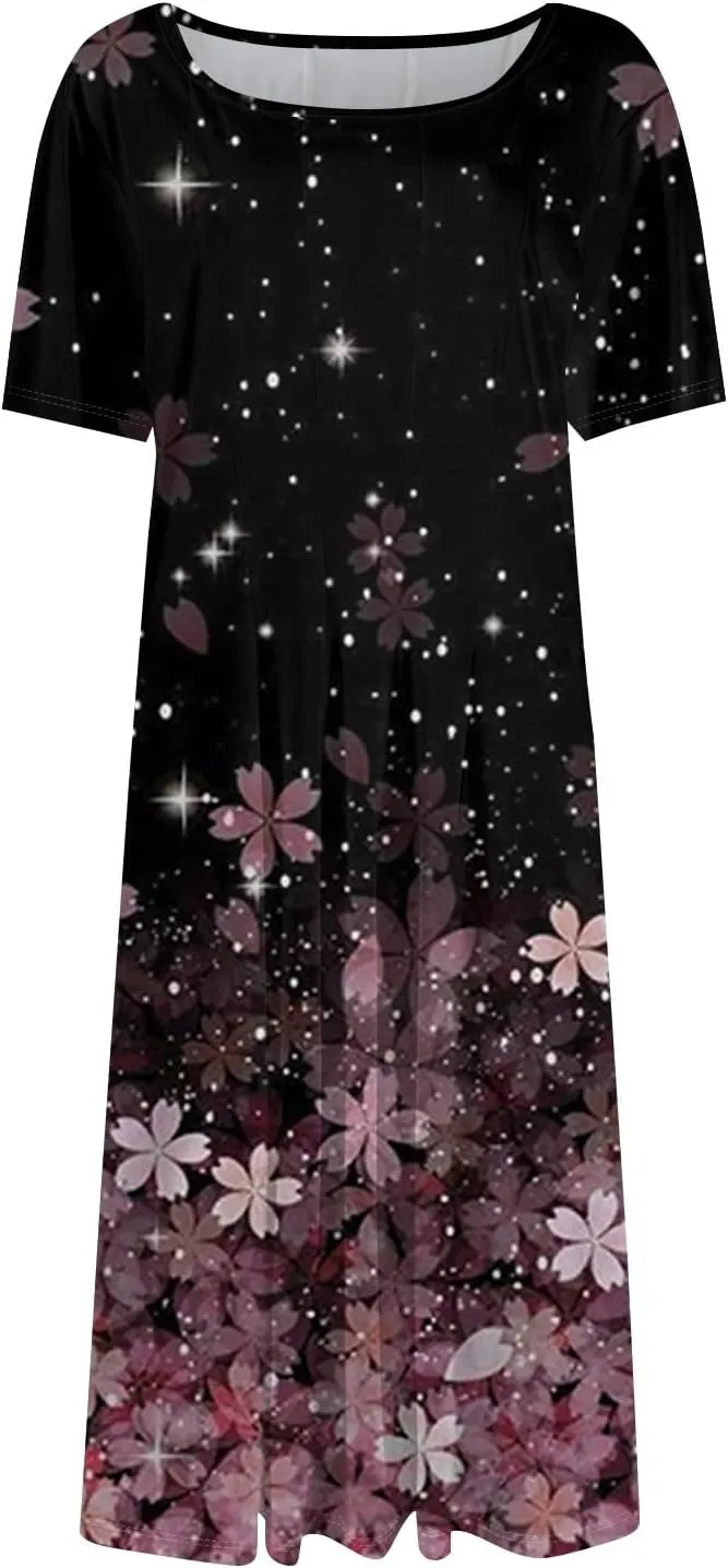 Dresses for Women 2025 Short Sleeve Round Neck Church Dress Pleated Knee Length Dress with Pockets Curvy Dress