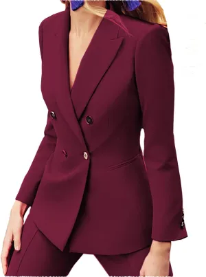Fashion Women's Suits 2 Piece Open Front Long Sleeve Double Breasted Business Blazer and Pant Set Suit