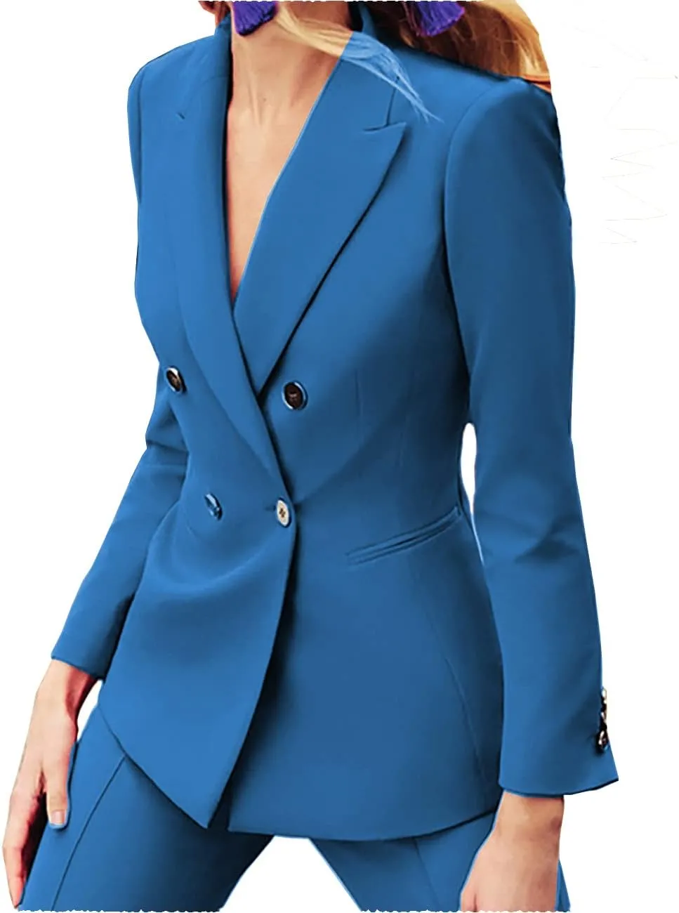 Fashion Women's Suits 2 Piece Open Front Long Sleeve Double Breasted Business Blazer and Pant Set Suit