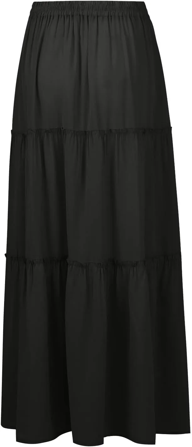 FlekmanArt Pleated Long Skirts for Women Summer Casual Elastic High Waisted Skirts A-Line Flowy Swing Maxi Skirt with Pockets