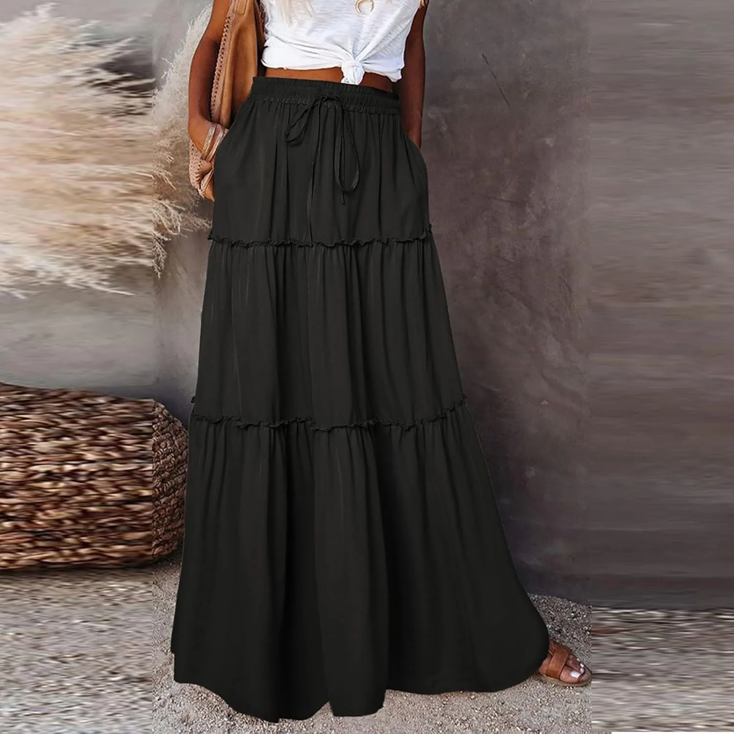 FlekmanArt Pleated Long Skirts for Women Summer Casual Elastic High Waisted Skirts A-Line Flowy Swing Maxi Skirt with Pockets
