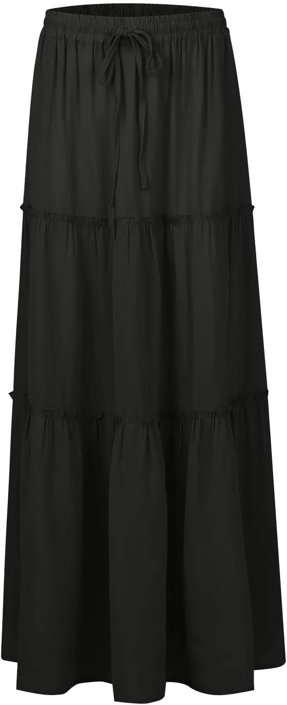 FlekmanArt Pleated Long Skirts for Women Summer Casual Elastic High Waisted Skirts A-Line Flowy Swing Maxi Skirt with Pockets