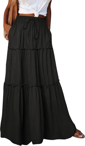FlekmanArt Pleated Long Skirts for Women Summer Casual Elastic High Waisted Skirts A-Line Flowy Swing Maxi Skirt with Pockets